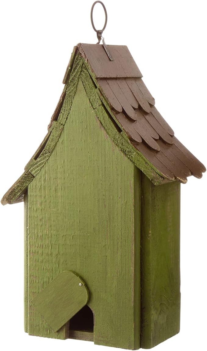 Glitzhome Birdhouses for Outdoors, Hand Painted Garden Hanging Wooden Bird House with Single Roof for Outside, Country Cottages for Bluebird Swallow Sparrow Hummingbird Finch Cardinals Cedar, Green