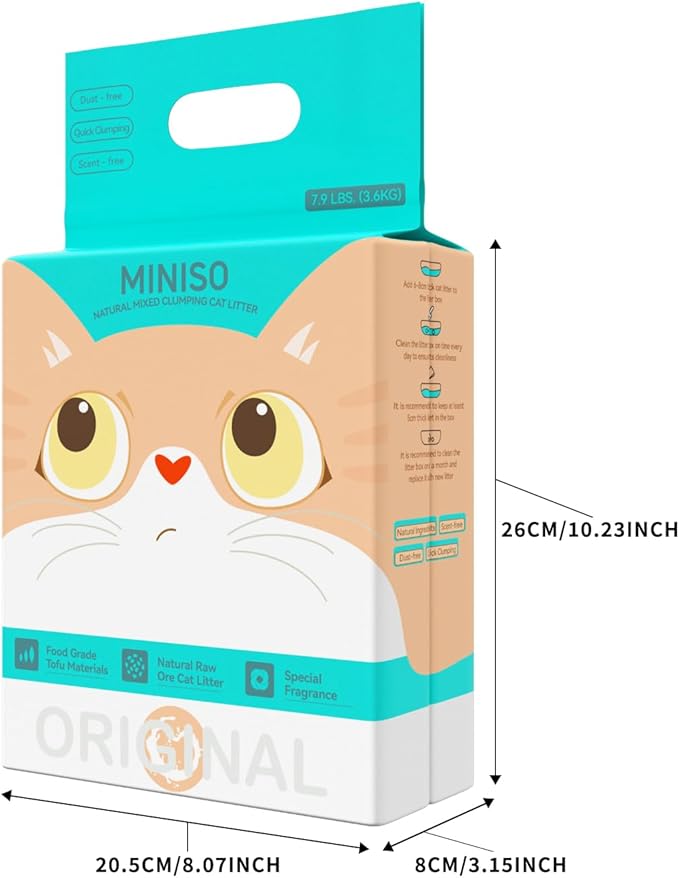 MINISO Clumping Cat Litter, Tofu+Bentonite+Cassava, Odor Control, Rapid Clumping, Water Absorbent and Toilet Flushable, Multi-Cat, Gardenia Style, 31.6lb (4 Pack of 7.9lb Bags)