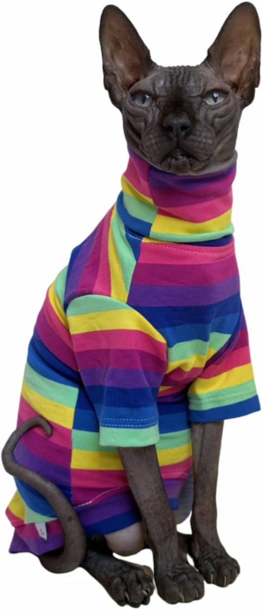 Vintage Stripes Sphynx Hairless Cats Shirt Cotton Cat Turtleneck Pet Clothes Kitten T-Shirts with Sleeves for Sphynx Cornish Rex, Devon Rex, Peterbald (Rainbow Stripe, X-Large (Pack of 1))