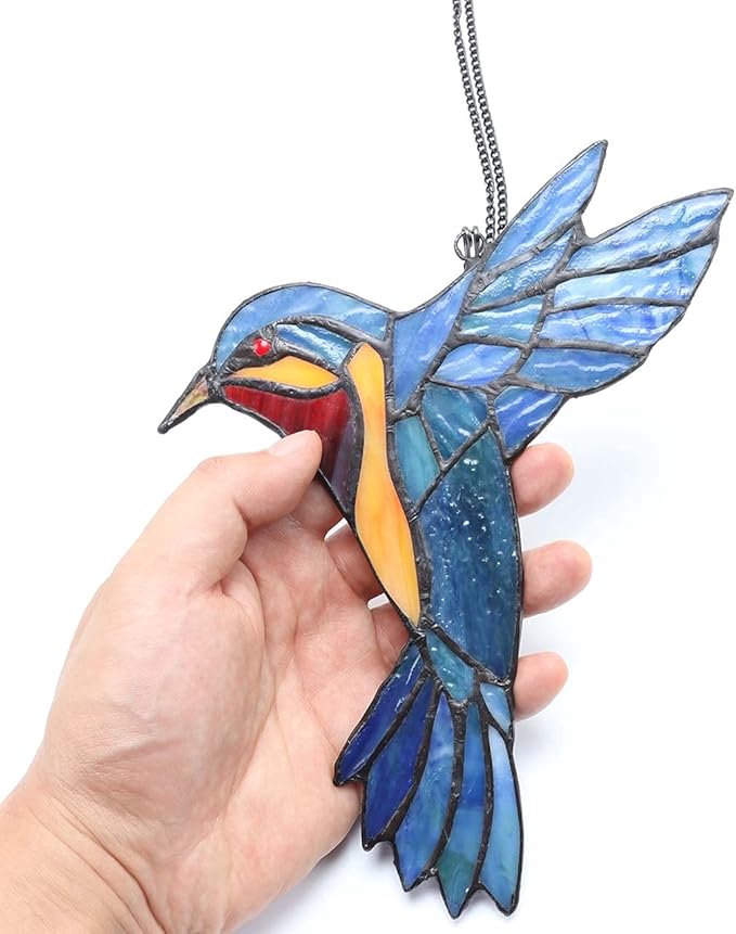 Bieye W10048 Hummingbird Tiffany Style Stained Glass Window Hangings Suncatcher with Chain and Suction Cup Hook (7" W x 6" H)