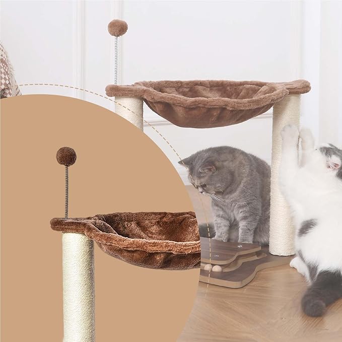 Simple Deluxe Small Cat Tree Tower with Scratching Post, 4-in -1Cat Tree with Hammock,Dangling Ball,Natural Sisal Cat Scratcher,Wooden Interactive Track Ball Base for Indoor Kittens,18inches