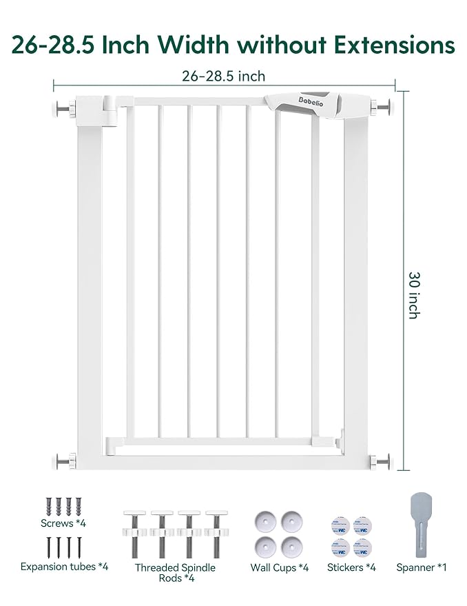 BABELIO 26-28.5 Inch Narrow Easy Install Baby Gate, 30 Inch Tall Auto-Close Metal Pet Gate for Small Stairs and Doorways, NO Drilling Pressure Mounted, NO Extensions, White