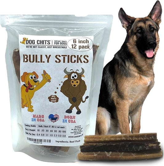 Dog Chits Bully Sticks for Dogs and Puppies | 6-inch, 12 Pack | Natural Healthy Long Lasting Chew for Large and Small Dogs Protein Treats | Odor Free