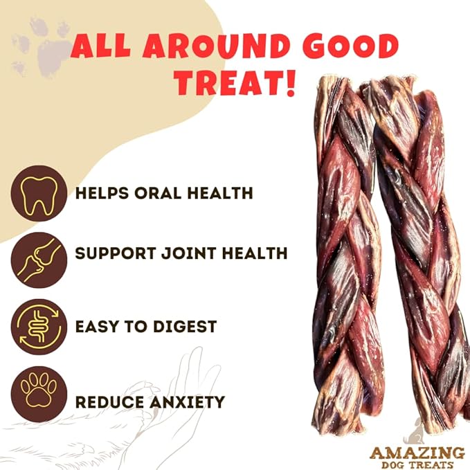 Amazing Dog Treats - 6 Inch Braided Gullet Stick (4 Pc/Pack) - Dog Jerky Treats - Beef Esophagus -Gullet for Dogs - Beef Esophagus Dog Treats