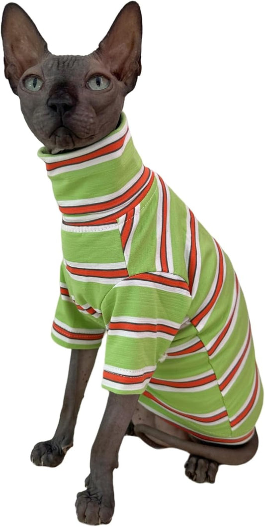 Vintage Stripes Sphynx Hairless Cats Shirt Cotton Cat Turtleneck Pet Clothes Kitten T-Shirts with Sleeves for Sphynx Cornish Rex, Devon Rex, Peterbald (Orange & Green, Large (Pack of 1))