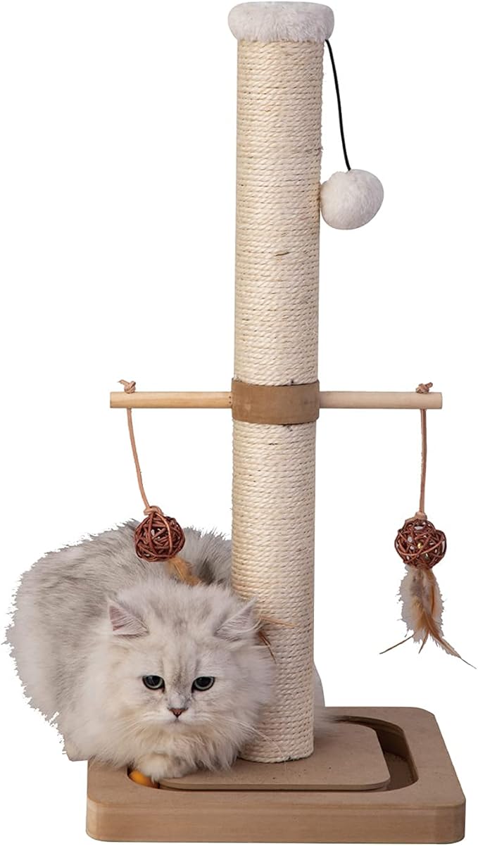 PEEKAB Cat Scratching Post Premium Sisal Scratch Posts with Tracking Interactive Toys Vertical Scratcher for Indoor Cats and Kittens- 25 inches Beige