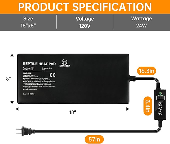 Reptile Heat Pad with Digital Thermostat, Under Tank Terrrarium Heat Mat 24W 8 * 18 Inch, Temperature Controller Heating Pad for Reptile, Turtles, Lizards, Snake, Hermit Crab, Frogs