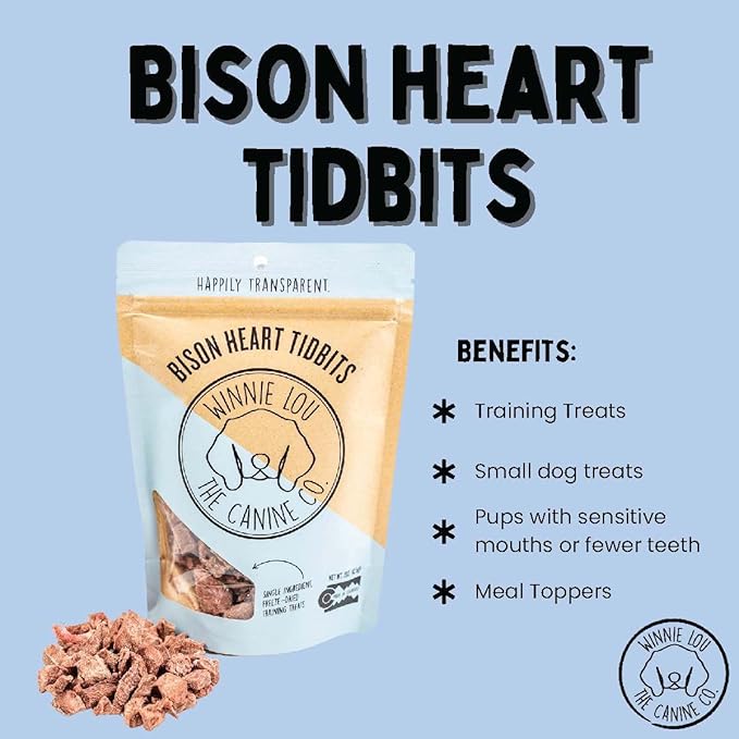 Freeze Dried Bison Heart Tidbits - Single Ingredient, Human-Grade, No Artificial Flavors or Fillers, Perfect for Training (Pack of 2)