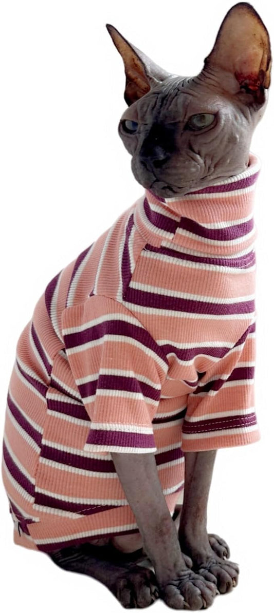 Turtle Neck Vintage Stripes Sphynx Hairless Cat Cotton T-Shirts Pet Clothes Vest Kitten Shirts Sleeveless, Cats & Small Dogs Apparel (Pink, S (3.3-5 lbs))