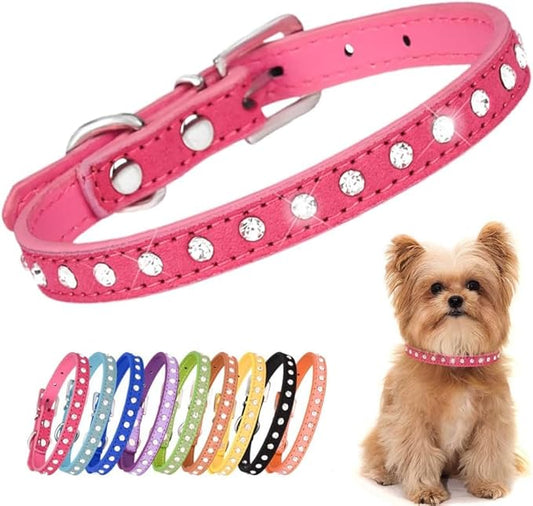 Rhinestone Dog Collar Suede Leather Crystal Diamond Colorful Bling Girl Puppy Cat Collars XS Small Pets (XS, Hot Pink)