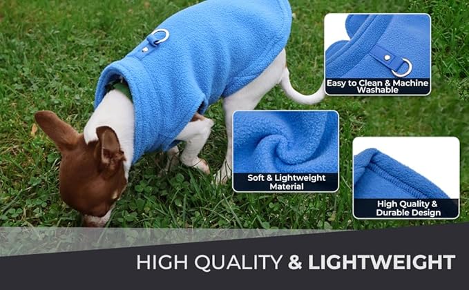 JACKO & CO - Fleece Vest Sweater with Leash Ring - Soft Lightweight Breathable for Puppies Small Medium Dogs, Kitten, Cats, Chihuahua - Warm for Fall/Autumn/Winter (Blue, X-Large 17-25lbs)