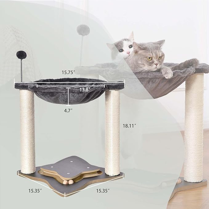 Simple Deluxe Small Cat Tree Tower with Scratching Post, 4-in -1Cat Tree with Hammock,Dangling Ball,Natural Sisal Cat Scratcher,Wooden Interactive Track Ball Base for Indoor Kittens,18inches