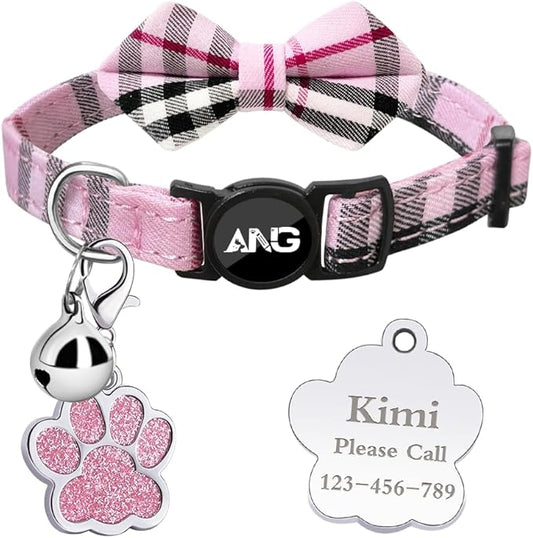 Personalized Breakaway Cat Collars - ID Tag, Bell, Bowtie - Safety Quick-Release, Customized for Girls & Boys Cats (British Tartan-Pink)