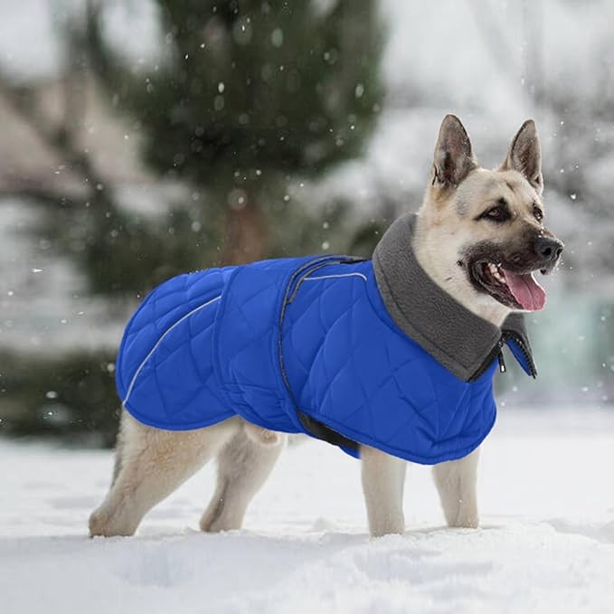 Kuoser Dog Coat, Extra Warm Dog Jacket Windproof Dogs Cold Weather Coats for Large Dogs, Fleece Lining Turtleneck Puppy Snowsuit Reflective Adjustable Pet Winter Clothes Christmas, Blue 2XL