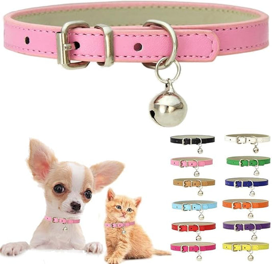 Pink Small Dog Collar with Bell, Soft Pu Leather Cat Collars Adjustable Buckle for XXS XS Extra Small Medium Tiny Female Girl Pets Dogs Puppies Kitten Teacup Yorkie S