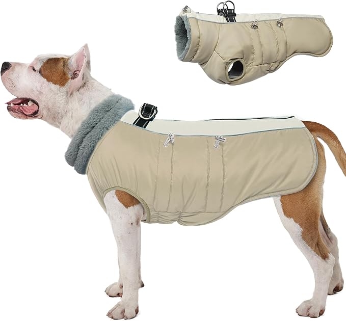IDOMIK Warm Dog Coat with Harness Built-in, Thick Fleece Dog Winter Jacket with High Collar&Zipper, Waterproof Reflective Dogs Cold Weather Coats for Large Dogs, Pet Snow Jacket Vest(Apricot,XL)