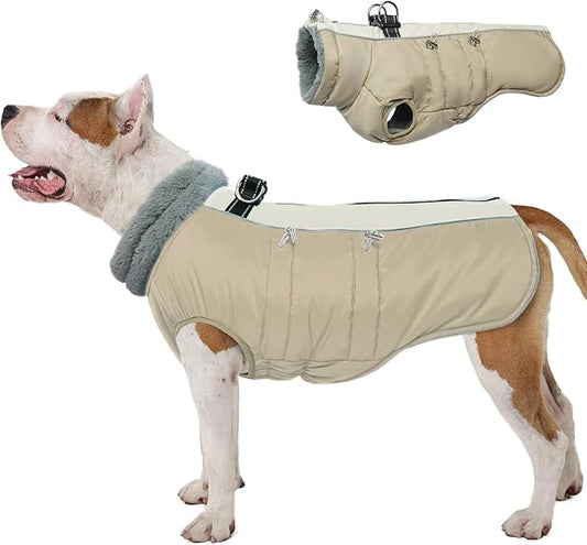 IDOMIK Warm Dog Coat with Harness Built-in, Thick Fleece Dog Winter Jacket with High Collar&Zipper, Waterproof Reflective Dogs Cold Weather Coats for Large Dogs, Pet Snow Jacket Vest(Apricot,XL)
