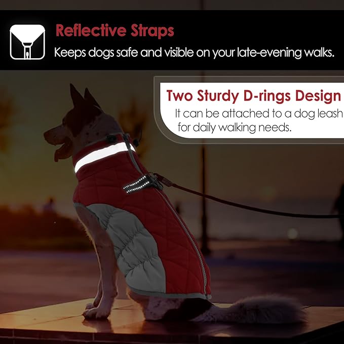 AOFITEE Dog Coat, Warm Dog Winter Coat for Small Dogs, Reflective Turtleneck Dogs Jacket with Harness Built in, Waterproof Windproof Pet Fleece Vest Snow Jacket for Cold Weather, Christmas Red S