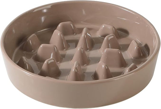 Ceramic 9.5 inch Dog Bowl Slow Feeder, Slow Pet Food Dish for Large Dog, Stop Bloat, Preventing Choking(Single Bowl, Brown Coffee)