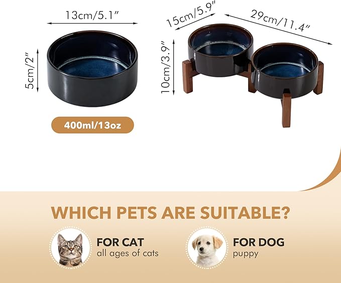 Ceramic 5.1inch Raised Double Bowls Set with Acacia Wood Stand, 2 Heights Elevated, Food & Water Bowls for Puppy, Kitty, Cats(13.5oz, Starry Sky)