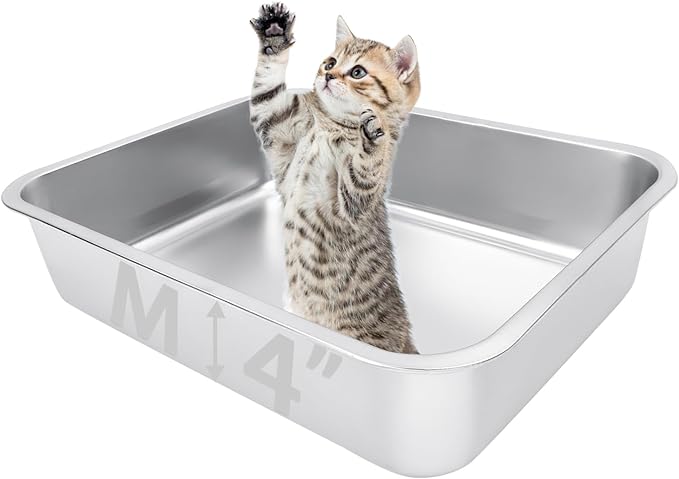 Small Stainless Steel Litter Box, 17.5"×13.6"×4" Metal Litter Box Low Side Easy Entry, Rust-Proof, Non Stick, No Smell, Easy to Clean for Kittens, Elderly Cats, Rabbits