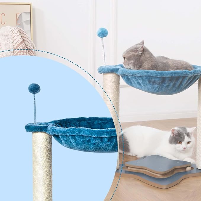 Simple Deluxe Small Cat Tree Tower with Scratching Post, 4-in -1Cat Tree with Hammock,Dangling Ball,Natural Sisal Cat Scratcher,Wooden Interactive Track Ball Base for Indoor Kittens,18inches
