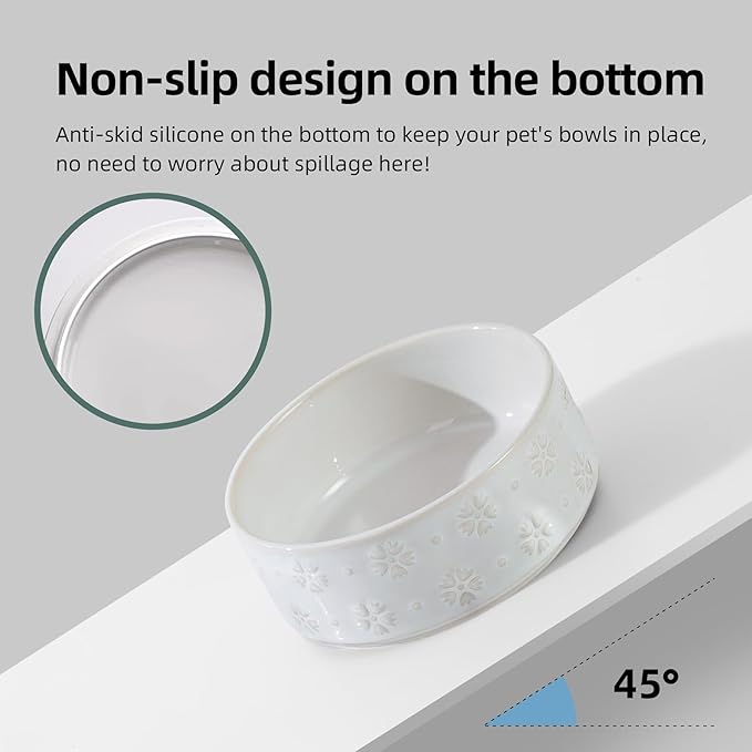 Ceramic 5.1inch Raised Double Bowls Set with Acacia Wood Stand, 2 Heights Elevated, Food & Water Bowls for Puppy, Kitty, Cats(13.5oz, Arctic White)