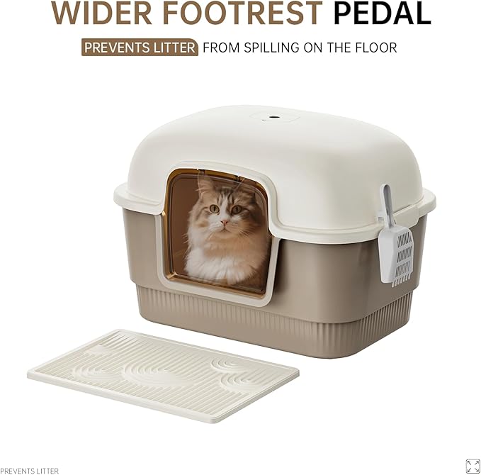 Cat Litter Box with Litter Mat and Scoop,High Wall Enclosed Cat Litter Boxes for Anti-Leakage, Covered Kitty Litter Box with Handle and Buckles for Portability and Privacy, Odor Control (Brown)