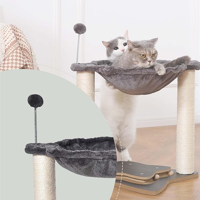 Simple Deluxe Small Cat Tree Tower with Scratching Post, 4-in -1Cat Tree with Hammock,Dangling Ball,Natural Sisal Cat Scratcher,Wooden Interactive Track Ball Base for Indoor Kittens,18inches