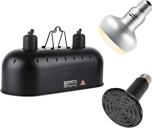 Dual Reptile Light Fixture,Reptile Heat Lamp Fixture with 150W Intense Basking Bulb&Ceramic Heat Emitter,Double Dome Heat Lamp for Lizard,Gecko,Bearded Dragon,Tortoise,Snake,Chameleon