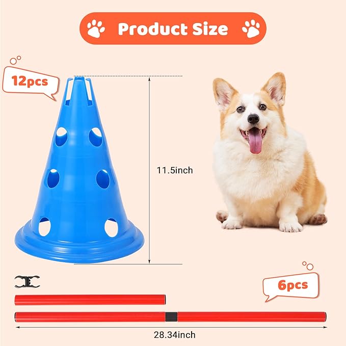 Dog Agility Hurdle Cone Set, Dog Training Equipment with 12 Agility Cones 6 Agility Rods 2 Rod Buckles, Pet Agility Course Set Puppy Obstacle Course Jump with Storage Bag for Outdoor