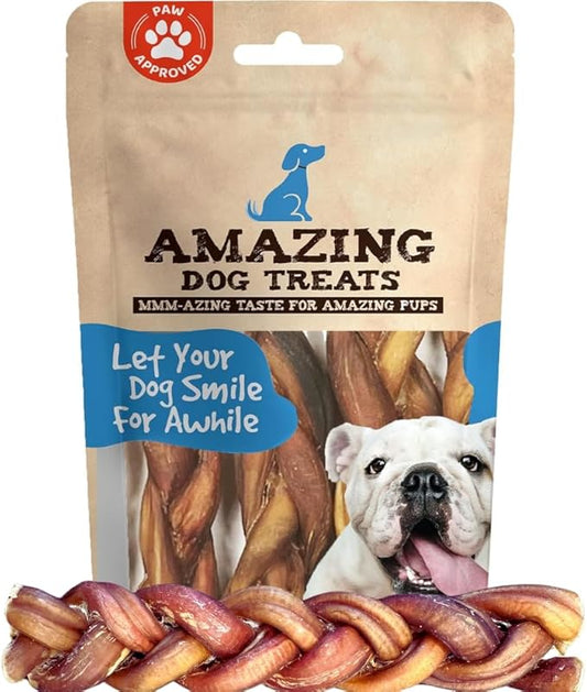 Amazing Dog Treats 6" Braided Bully Stick (10 Pcs/Pack) - Bully Stick for Dogs - Made from Premium Grass Fed Argentinian Beef