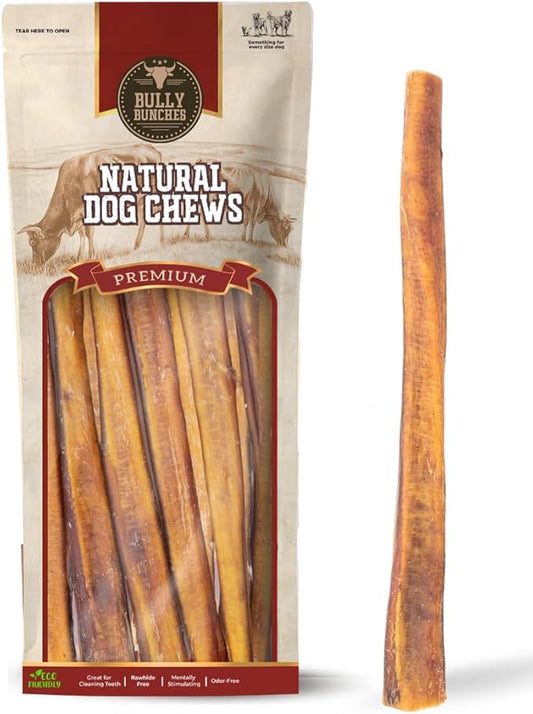 Bully Bunches Premium 12 Inch Jumbo Odor-Free Bully Sticks for Medium & Large Dogs - Long Lasting Chews for Oral Care - All Natural & Single Ingredient, 100% Beef Dog Treat, Rawhide Free (10 Pk)