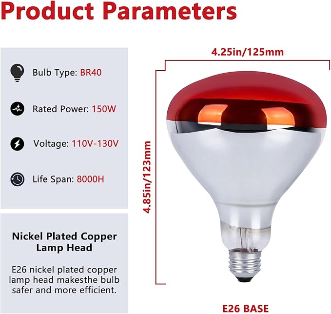 150W R40 Infrared Heat Lamp Bulb for Chicken Brooder, Pets, Reptiles, Bathroom & Sauna, E26 120V, 2000Hrs Red Light Therapy, 1-Pack