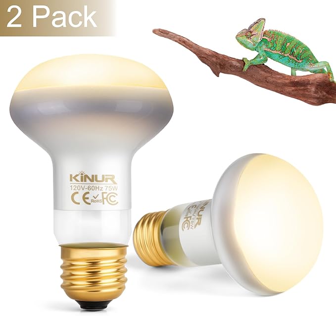 KINUR Reptile Heat Lamp Bulb-75W 2 Pack,UVA Basking Light Heat Lamp Bulbs,Natural Daylight Heating Light for Bearded Dragon,Turtle,Tortoise,Lizard,Snake,Gecko,Chicken with Digital Temperature Strips