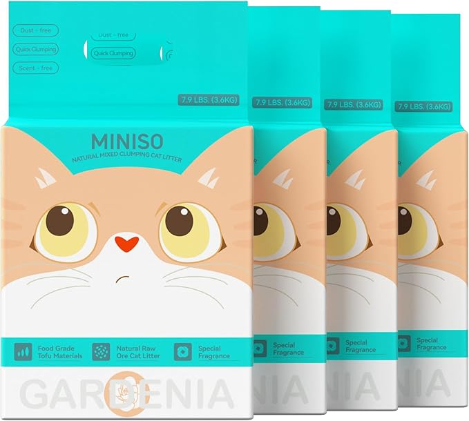 MINISO Clumping Cat Litter, Tofu+Bentonite+Cassava, Odor Control, Rapid Clumping, Water Absorbent and Toilet Flushable, Multi-Cat, Gardenia Style, 31.6lb (4 Pack of 7.9lb Bags)
