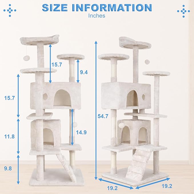 FDW Cat Tree 54in Cat Tower Multi-Level Durable Cat Scratching Post & Cozy Fun Cat Jumping Platform Space Saving Cat Condo Pet Play House for Indoor Cats,Beige