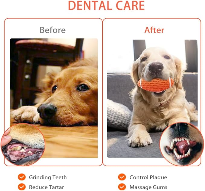 AUSCAT 2PCS Squeaky Dog Football Toy for Aggressive Chewers, Tough Rubber Dog Ball for Medium Large Dogs, Green and Orange, Large, 5.5"