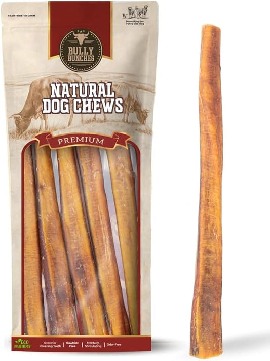Bully Bunches All Natural Jumbo 12 Inch Bully Sticks – Odour Free, Rawhide Free, Chemical Free – Safe, Long Lasting Thick Beef Dog Chew Gnaws – Fully Digestible Treat for Medium and Large Dogs, 5 Pk