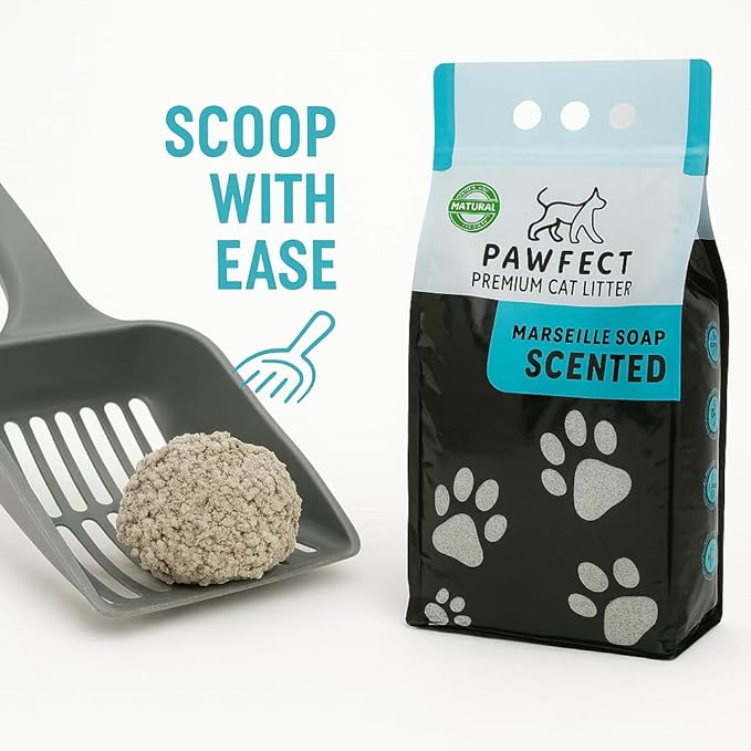 Marseille Soap Scented Cat Litter – 37.8 lb / 20L, Fast Clumping, Natural Odor Absorption, Lightweight Formula, Bonus Cleaning Tool Included, Made with Turkish White Bentonite