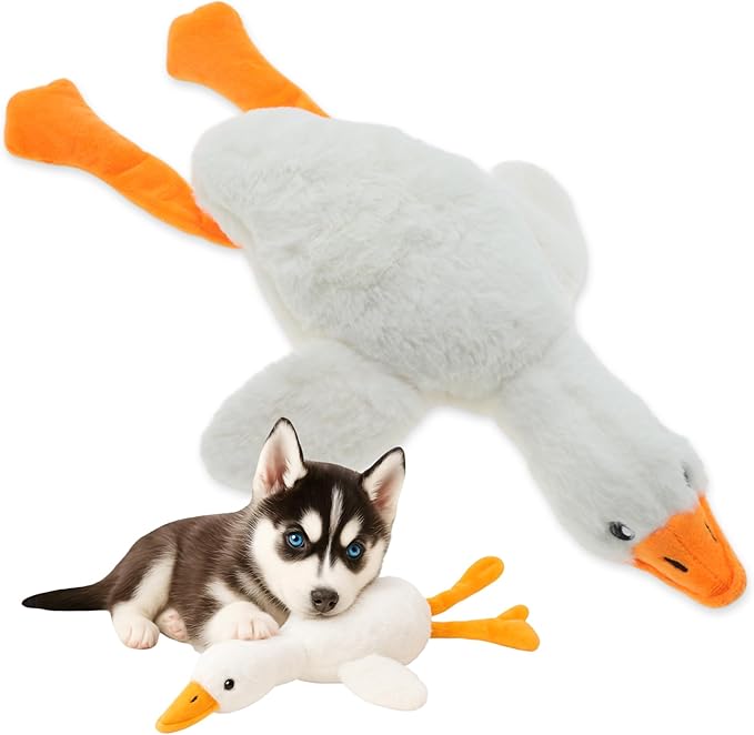 Dog Toys for Aggressive Chewers, Goose Chew Toy for Dogs, Squeaker Crinkle Plush Toy, Tough Interactive Dog Chew Toys, White