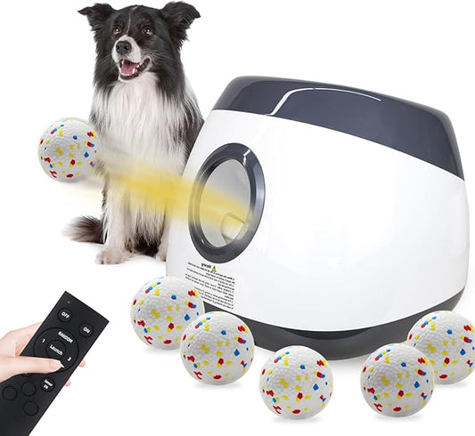 SOCO Automatic Ball Launcher for Dogs Large- 3 Distance Settings (40/60/80FT) w/Remote Control | 2.5" ETPU Tennis Balls | Indoor/Outdoor Dog Toy | 6 Balls & Quick Charge Included