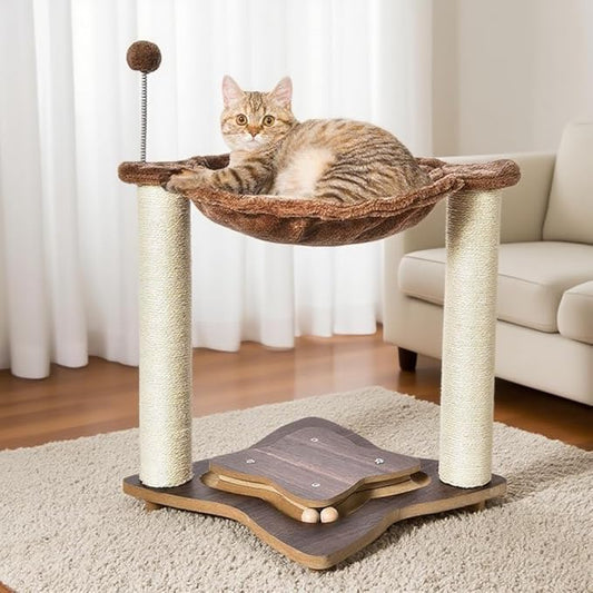 Simple Deluxe Small Cat Tree Tower with Scratching Post, 4-in -1Cat Tree with Hammock,Dangling Ball,Natural Sisal Cat Scratcher,Wooden Interactive Track Ball Base for Indoor Kittens,18inches