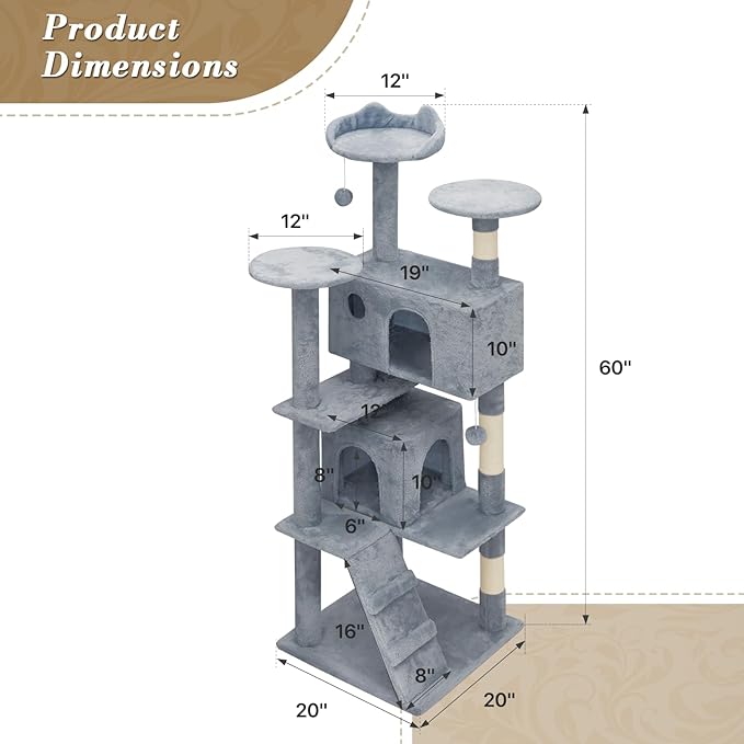 Athena Collection Modern Cat Tree Tower, 60 Inch Tall Cat Tree Climbing Tower with Scratching Post 2 Condo Multi-Level Activity Center and Playing Ball for Indoor Large Adult, Light Grey