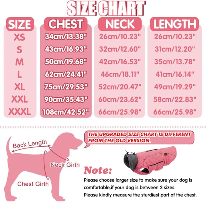 EMUST Winter Coat for Large Dogs, Windproof Dog Jacket for Cold Weather, Extra Warm Dog Winter Clothes for Small Medium Large Dogs, Pink, XXL