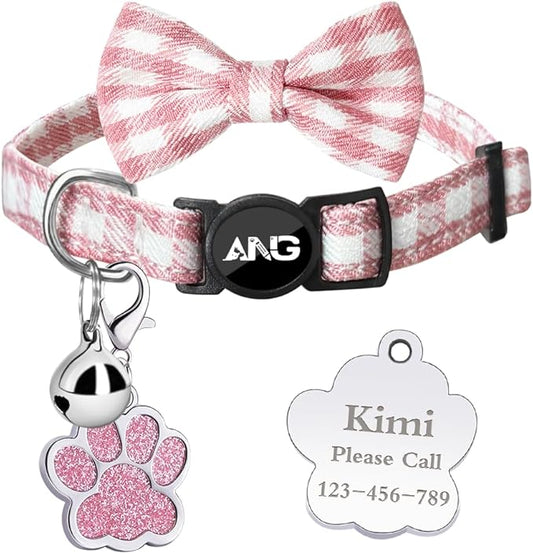 Personalized Breakaway Cat Collars - ID Tag, Bell, Bowtie - Safety Quick-Release, Customized for Girls & Boys Cats (Houndstooth-Pink)