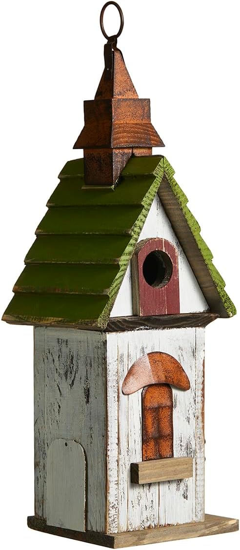 Glitzhome Bird Houses for Outside, Bluebird Houses for Outdoors,15.75"H Solid Wood Birdhouse Distressed Cottage Decorative Hanging Outdoor Garden Bird House for Wren Sparrow Hummingbird Finch Cardinal