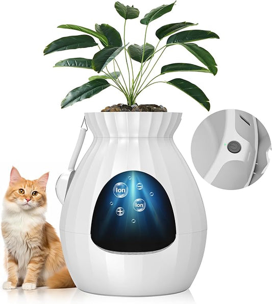 Plant Litter Box Equipped with Odor Removal System,Hidden Cat Planter Litter Box Enclosure for Big Cats,Enclosed Secret Cat Litter Box with Artificial Plant & Cobblestone,Easy to Clean and Assemble