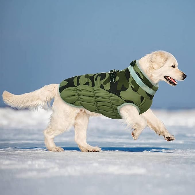 Lelepet Dog Coat Warm Dog Winter Coat Waterproof Dogs Jacket with Harness Built in Reflective Pet Fleece Vest Zip-Up Cold Weather Coats for Large Dogs Turtleneck & Windproof Coats Boxer Green Camo XL