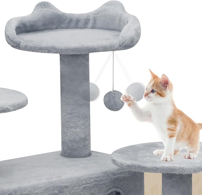 Athena Collection Modern Cat Tree Tower, 60 Inch Tall Cat Tree Climbing Tower with Scratching Post 2 Condo Multi-Level Activity Center and Playing Ball for Indoor Large Adult, Light Grey